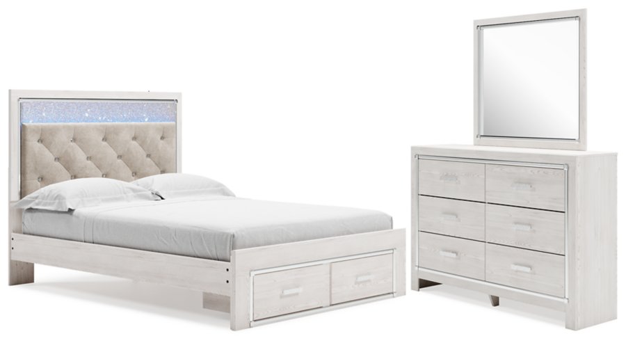 Cama Altyra Queen tapizada con panel y almacenamiento, cómoda y espejo - image 1