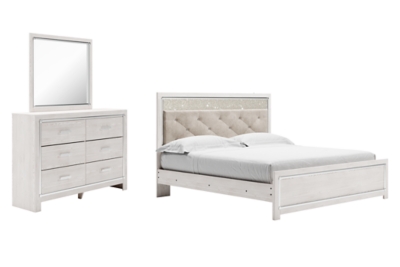 Altyra King Panel Bed with Mirrored Dresser, White