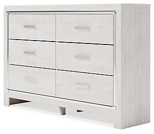 The epitome of fashion-forward design, the Altyra dresser is a beautiful blend of style and luxury. Shiny chrome-tone accents, a pearlized finish and mosiac pulls bring a glam touch to the richly rustic appearance. Six smooth-gliding drawers provide plenty of storage space for your wardrobe needs.Dresser only | Made of engineered wood (MDF/particleboard) and decorative laminate | Light finish with subtle pearl effect over replicated cedar grain with authentic touch | Large scale chrome-tone handles with mosaic details | Faceted chrome-tone accents | Six smooth-gliding drawers with faux linen lining | Safety is a top priority, clothing storage units are designed to meet the most current standard for stability, ASTM F 2057 (ASTM International) | Drawers extend out to accommodate maximum access to drawer interior while maintaining safety