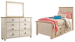 Willowton Twin Panel Bed with 2 Storage Drawers with Mirrored Dresser, Whitewash, large