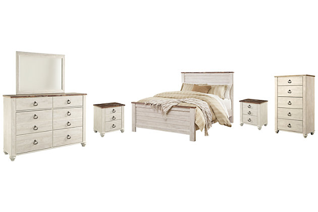 The ultimate look for a beach cottage or shabby chic inspired retreat, the Willowton bedroom set carries you away to a dreamy time and place. Driftwoody whitewashed finish is wonderfully easy on the eyes. Plank-style detailing incorporates a classically rustic touch, so homey and comforting.Includes queen panel bed (headboard, footboard, rails), two 2-drawer nightstands, 5-drawer chest and 6-drawer dresser with mirror | Made of engineered wood (MDF/particleboard) and decorative laminate | Whitewash replicated worn through paint; replicated wood grained block pattern | Antiqued brass-tone hardware | Dresser, chest and nightstand with smooth-gliding drawers | Nightstand with dual slim-profile USB charging ports | Power cord included; UL Listed | Mirror attaches to back of dresser | Foundation/box spring required, sold separately; mattress available, sold separately | Safety is a top priority, clothing storage units are designed to meet the most current standard for stability, ASTM F 2057 (ASTM International) | Drawers extend out to accommodate maximum access to drawer interior while maintaining safety | Assembly required | Estimated Assembly Time: 15 Minutes