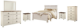 Willowton Queen Panel Bed with Mirrored Dresser, Chest and 2 Nightstands, Whitewash, rollover