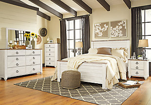 The ultimate look for a beach cottage or shabby chic inspired retreat, the Willowton queen panel headboard carries you away to a dreamy time and place. Driftwoody whitewashed finish is wonderfully easy on the eyes. Faux plank detailing incorporates a classically rustic touch, so homey and comforting. Mattress, bed frame and foundation/box spring available, sold separately.Headboard only | Made of engineered wood and decorative laminate | Whitewash replicated worn through paint with authentic touch | Replicated wood grained block pattern with authentic touch | Capable of attaching to a full sized metal bolt-on bedframe | Hardware not included | Assembly required