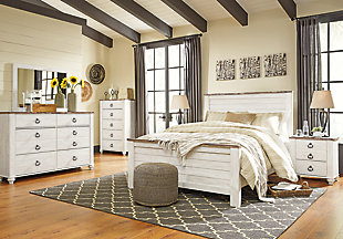The ultimate look for a beach cottage or shabby chic inspired retreat, the Willowton queen panel headboard carries you away to a dreamy time and place. Driftwoody whitewashed finish is wonderfully easy on the eyes. Faux plank detailing incorporates a classically rustic touch, so homey and comforting. Mattress, bed frame and foundation/box spring available, sold separately.Headboard only | Made of engineered wood (MDF/particleboard) and decorative laminate | Whitewash replicated worn through paint with authentic touch | Replicated wood grained block pattern with authentic touch | Capable of attaching to a full sized metal bolt-on bedframe | Hardware not included | Assembly required