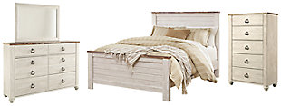 Willowton Queen Panel Bed with Mirrored Dresser and Chest, Whitewash, rollover