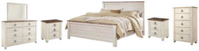 Willowton King Panel Bed with Mirrored Dresser, Chest and 2 Nightstands, Whitewash