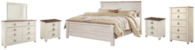 Willowton King Panel Bed with Mirrored Dresser, Chest and 2 Nightstands, Whitewash, large
