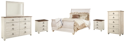 Willowton Queen Sleigh Bed with Mirrored Dresser, Chest and 2 Nightstands, Whitewash