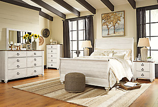 The ultimate look for a beach cottage or shabby chic inspired retreat, the Willowton queen sleigh bed carries you away to a dreamy time and place. Driftwoody whitewashed finish is wonderfully easy on the eyes. Faux plank detailing incorporates a classically rustic touch, so homey and comforting. Mattress and foundation/box spring sold separately.Includes headboard, footboard and rails | Made of engineered wood (MDF/particleboard) and decorative laminate | Whitewash replicated worn through paint with authentic touch | Foundation/box spring required, sold separately | Mattress available, sold separately | Assembly required | Estimated Assembly Time: 10 Minutes