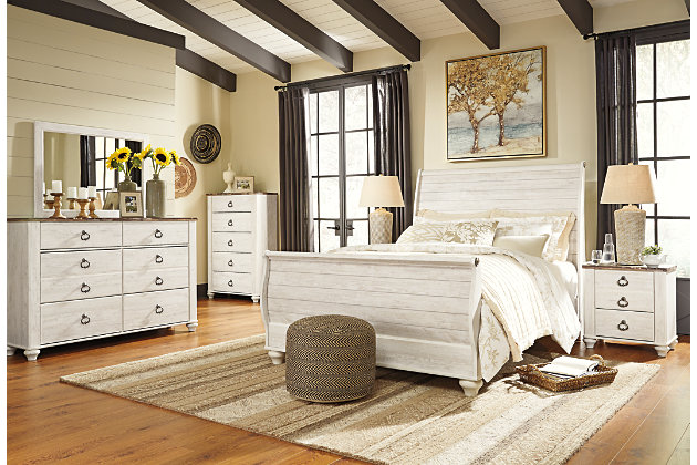 The ultimate look for a beach cottage or shabby chic inspired retreat, the Willowton queen sleigh bed carries you away to a dreamy time and place. Driftwoody whitewashed finish is wonderfully easy on the eyes. Faux plank detailing incorporates a classically rustic touch, so homey and comforting. Mattress and foundation/box spring sold separately.Includes headboard, footboard and rails | Made of engineered wood (MDF/particleboard) and decorative laminate | Whitewash replicated worn through paint with authentic touch | Foundation/box spring required, sold separately | Mattress available, sold separately | Assembly required | Estimated Assembly Time: 10 Minutes