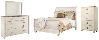 Willowton Queen Sleigh Bed with Mirrored Dresser and Chest, Whitewash