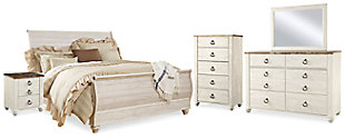Willowton King Sleigh Bed with Mirrored Dresser, Chest and 2 Nightstands, Whitewash, large
