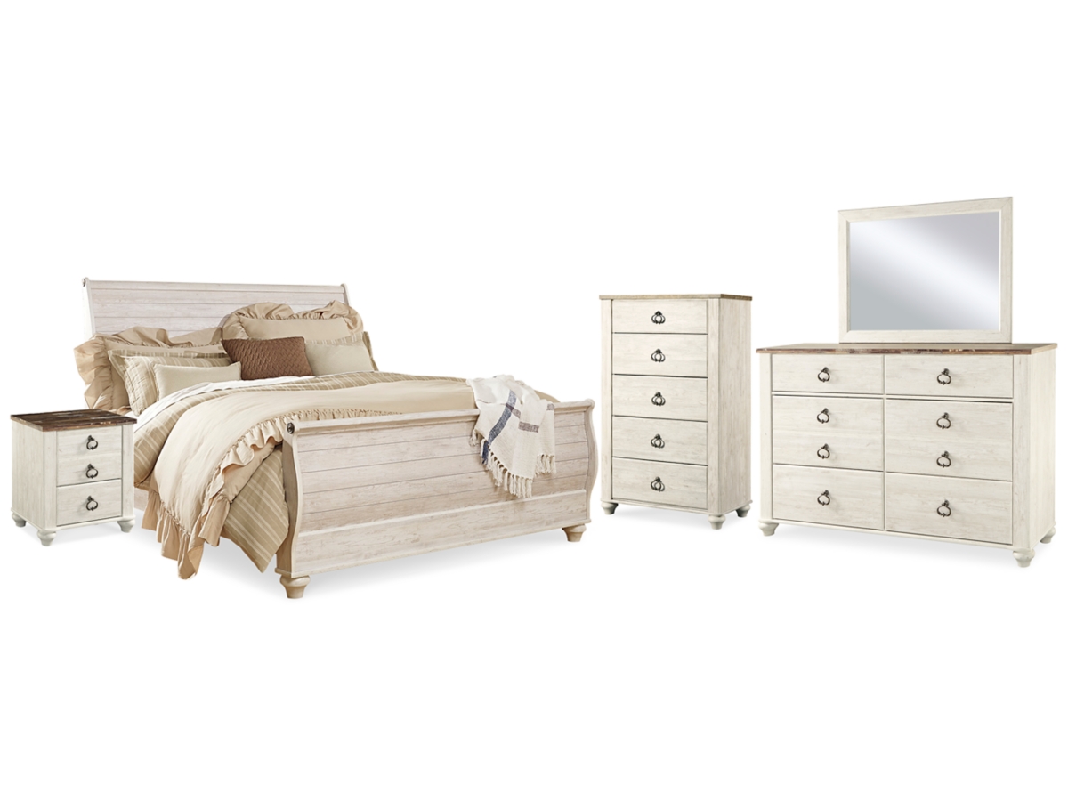 Willowton King Sleigh Bed with Mirrored Dresser, Chest and 2