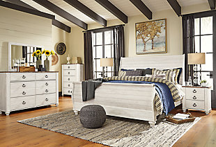 The ultimate look for a beach cottage or shabby chic inspired retreat, the Willowton queen sleigh bed carries you away to a dreamy time and place. Driftwoody whitewashed finish is wonderfully easy on the eyes. faux plank detailing incorporates a classically rustic touch, so homey and comforting. Mattress and foundation/box spring sold separately.Includes headboard, footboard and rails | Made of engineered wood (MDF/particleboard) and decorative laminate | Whitewash replicated worn through paint with authentic touch | Foundation/box spring required, sold separately | Mattress available, sold separately | Assembly required | Estimated Assembly Time: 10 Minutes