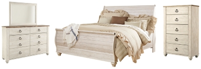 Willowton King Sleigh Bed with Mirrored Dresser and Chest, Whitewash