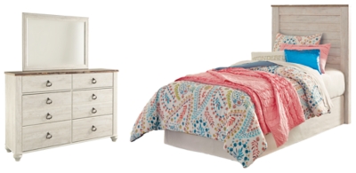 Willowton Twin Panel Headboard Bed with Mirrored Dresser, Whitewash, large