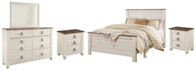 Willowton Queen Panel Bed with Mirrored Dresser and 2 Nightstands, Whitewash