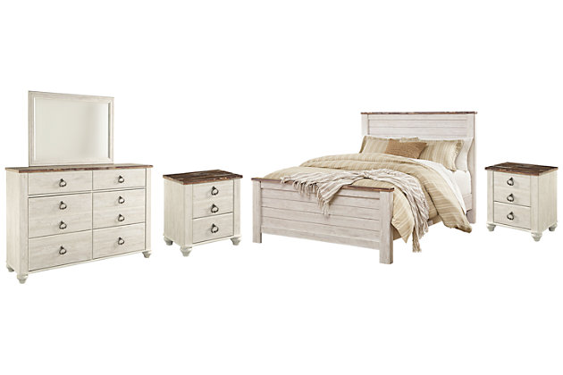 Willowton Queen Panel Bed With Mirrored, Dresser And Nightstand Set Whitewash