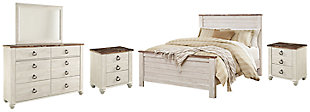 Willowton Queen Panel Bed with Mirrored Dresser and 2 Nightstands, Whitewash, large