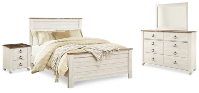 Willowton Queen Panel Bed with Mirrored Dresser and Nightstand, Whitewash, large
