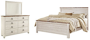 Willowton California King Panel Bed with Mirrored Dresser, Whitewash, large