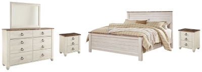 Willowton King Panel Bed with Mirrored Dresser and 2 Nightstands, Whitewash, large
