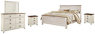 Willowton King Panel Bed with Mirrored Dresser and 2 Nightstands, Whitewash, large