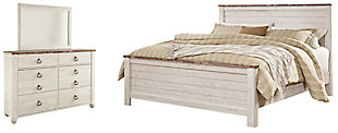Willowton King Panel Bed with Mirrored Dresser, Whitewash, large