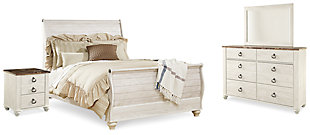 Willowton Queen Sleigh Bed with Mirrored Dresser and 2 Nightstands, Whitewash, large