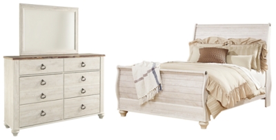 Willowton Queen Sleigh Bed with Mirrored Dresser, Whitewash