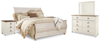 Willowton King Sleigh Bed with Mirrored Dresser and 2 Nightstands, Whitewash, large