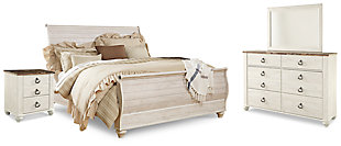 Willowton King Sleigh Bed with Mirrored Dresser and 2 Nightstands, Whitewash, large