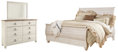 Willowton King Sleigh Bed with Mirrored Dresser, Whitewash