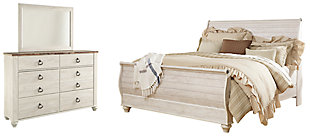 Willowton King Sleigh Bed with Mirrored Dresser, Whitewash, large