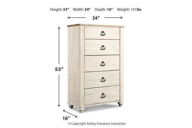 The Willowton chest of drawers is the ultimate statement piece for your coastal cottage or shabby chic inspired retreat. Whitewashed finish on the drawers and sides is wonderfully easy on the eyes. Paired with the unique plank-effect top, it’s a driftwoody look that has our minds drifting away to beachy-keen escapes.Made of engineered wood and decorative laminate | Whitewash replicated worn through paint with authentic touch | Replicated wood grained block pattern with authentic touch | Antiqued brass-tone ring-pull hardware | 5 smooth-gliding drawers | Safety is a top priority, clothing storage units are designed to meet the most current standard for stability, ASTM F 2057 (ASTM International) | Drawers extend out to accommodate maximum access to drawer interior while maintaining safety | Assembly required