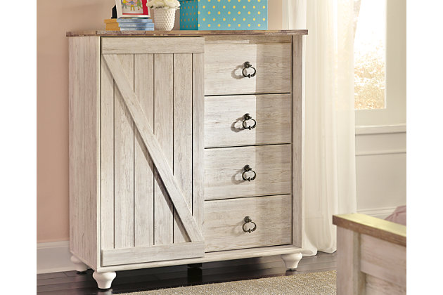 The Willowton chest of drawers is the ultimate statement piece for a coastal cottage or shabby chic inspired retreat. Whitewashed finish on the drawers and sides is wonderfully easy on the eyes. Paired with the unique plank-effect top, it’s a driftwoody look that has our minds drifting away to beachy-keen escapes.Made of engineered wood (MDF/particleboard) and decorative laminate | Whitewash replicated worn through paint with authentic touch | Replicated wood grained block pattern with authentic touch | Antiqued brass-tone ring-pull hardware | Slider door revealing open storage with 2 adjustable shelves | 4 smooth-gliding drawers | Safety is a top priority, clothing storage units are designed to meet the most current standard for stability, ASTM F 2057 (ASTM International) | Drawers extend out to accommodate maximum access to drawer interior while maintaining safety | Assembly required