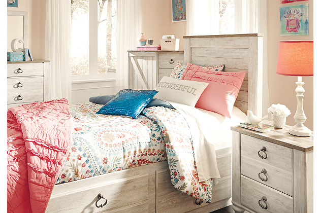 The Willowton twin panel bed with storage is the ultimate statement piece for a coastal cottage or shabby chic inspired retreat. Whitewashed finish is wonderfully easy on the eyes. Faux plank cap rails on the headboard and footboard infuse a driftwoody look that has our minds drifting away to beachy-keen escapes. Pair of smooth-gliding drawers keeps linens, blankets and jammies close at hand. Mattresses available, sold separately.Includes headboard, footboard, roll slats and underbed storage (2 smooth-operating drawers with side rail) | Made of engineered wood (MDF/particleboard) and decorative laminate | Whitewash replicated worn through paint with authentic touch | Replicated wood grained block pattern with authentic touch | Antiqued brass-tone ring-pull hardware | Bed does not require additional foundation/box spring | Mattresses available, sold separately | Assembly required | Estimated Assembly Time: 30 Minutes