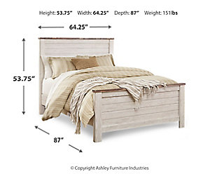 The ultimate look for a beach cottage or shabby chic inspired retreat, the Willowton bedroom set carries you away to a dreamy time and place. Driftwoody whitewashed finish is wonderfully easy on the eyes. Plank-style detailing incorporates a classically rustic touch, so homey and comforting.Includes queen panel bed (headboard, footboard, rails) and 6-drawer dresser (mirror sold separately) | Made of engineered wood (MDF/particleboard) and decorative laminate | Whitewash replicated worn through paint; replicated wood grained block pattern | Antiqued brass-tone ring-pull hardware | Dresser with smooth-gliding drawers | Foundation/box spring required, sold separately; mattress available, sold separately | Safety is a top priority, clothing storage units are designed to meet the most current standard for stability, ASTM F 2057 (ASTM International) | Drawers extend out to accommodate maximum access to drawer interior while maintaining safety | Assembly required | Estimated Assembly Time: 10 Minutes