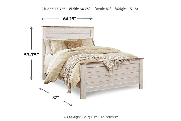 The ultimate look for a beach cottage or shabby chic inspired retreat, the Willowton bedroom set carries you away to a dreamy time and place. Driftwoody whitewashed finish is wonderfully easy on the eyes. Plank-style detailing incorporates a classically rustic touch, so homey and comforting.Includes queen panel bed (headboard, footboard, rails), two 2-drawer nightstands, 5-drawer chest and 6-drawer dresser with mirror | Made of engineered wood (MDF/particleboard) and decorative laminate | Whitewash replicated worn through paint; replicated wood grained block pattern | Antiqued brass-tone hardware | Dresser, chest and nightstand with smooth-gliding drawers | Nightstand with dual slim-profile USB charging ports | Power cord included; UL Listed | Mirror attaches to back of dresser | Foundation/box spring required, sold separately; mattress available, sold separately | Safety is a top priority, clothing storage units are designed to meet the most current standard for stability, ASTM F 2057 (ASTM International) | Drawers extend out to accommodate maximum access to drawer interior while maintaining safety | Assembly required | Estimated Assembly Time: 15 Minutes