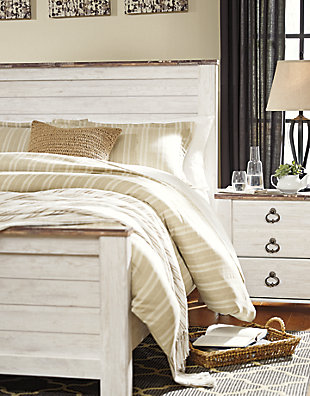 The ultimate look for a beach cottage or shabby chic inspired retreat, the Willowton 5-piece bedroom set carries you away to a dreamy time and place. Queen panel bed with driftwoody whitewashed finish is wonderfully easy on the eyes. Plank-style detailing incorporates a classically rustic touch, so homey and comforting. Nightstands with antiqued brass-tone hardware are beautifully functional. Mattress and foundation/box spring available, sold separately.Made of engineered wood | Includes headboard, footboard, rails and 2 nightstands | Whitewashed finish over replicated grain | Plank-style detailing | Each nightstand with 2 smooth-gliding drawers and 2 slim-profile USB charging stations | Antiqued brass-tone ring-pull hardware | Power cord included; UL Listed | Mattress and foundation/box spring available, sold separately | Assembly required