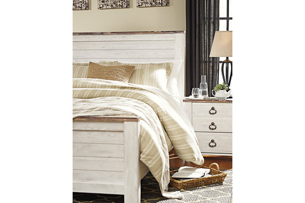 The ultimate look for a beach cottage or shabby chic inspired retreat, the Willowton queen panel headboard carries you away to a dreamy time and place. Driftwoody whitewashed finish is wonderfully easy on the eyes. Faux plank detailing incorporates a classically rustic touch, so homey and comforting. Mattress, bed frame and foundation/box spring available, sold separately.Headboard only | Made of engineered wood (MDF/particleboard) and decorative laminate | Whitewash replicated worn through paint with authentic touch | Replicated wood grained block pattern with authentic touch | Capable of attaching to a full sized metal bolt-on bedframe | Hardware not included | Assembly required
