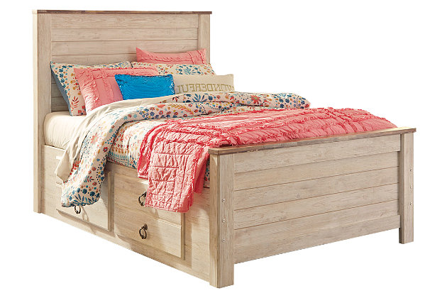 The Willowton panel bed with storage is the ultimate statement piece for a coastal cottage or shabby chic inspired retreat. Whitewashed finish is wondery easy on the eyes. Plank-style cap rails on the headboard and footboard infuse a driftwoody look that has our minds drifting away to beachy-keen escapes. Pair of smooth-gliding drawers keeps linens, blankets and jammies close at hand. Mattresses available, sold separately.Assembly required | Mattresses available, sold separately | Included slats eliminate need for foundation/box spring | Antiqued brass-tone ring-pull hardware | Plank styling | Whitewashed finish over replicated grain | Includes headboard, footboard, roll slats and underbed storage (2 smooth-operating drawers with side rail) | Made of engineered wood