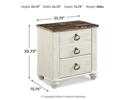 The Willowton nightstand is the ultimate statement piece for your coastal cottage or shabby chic inspired retreat. Whitewashed finish on the drawers and sides is wonderfully easy on the eyes. Paired with the unique plank-effect top, it’s a driftwoody look that has our minds drifting away to beachy-keen escapes.Made of engineered wood (MDF/particleboard) and decorative laminate | Whitewash replicated worn through paint with authentic touch | Replicated wood grained block pattern with authentic touch | Nightstand beautifully suits coastal cottage and shabby chic decor | 2 smooth-gliding drawers | Antiqued brass-tone ring-pull hardware | 2 slim-profile USB charging ports | Power cord included; UL Listed | Assembly required