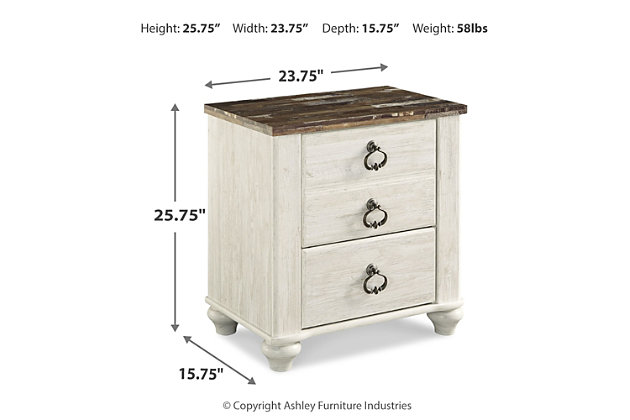 The Willowton nightstand is the ultimate statement piece for your coastal cottage or shabby chic inspired retreat. Whitewashed finish on the drawers and sides is wonderfully easy on the eyes. Paired with the unique plank-effect top, it’s a driftwoody look that has our minds drifting away to beachy-keen escapes.Made of engineered wood (MDF/particleboard) and decorative laminate | Whitewash replicated worn through paint with authentic touch | Replicated wood grained block pattern with authentic touch | Nightstand beautifully suits coastal cottage and shabby chic decor | 2 smooth-gliding drawers | Antiqued brass-tone ring-pull hardware | 2 slim-profile USB charging ports | Power cord included; UL Listed | Assembly required