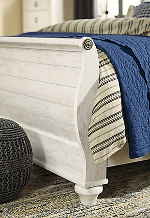 The ultimate look for a beach cottage or shabby chic inspired retreat, the Willowton queen sleigh bed carries you away to a dreamy time and place. Driftwoody whitewashed finish is wonderfully easy on the eyes. faux plank detailing incorporates a classically rustic touch, so homey and comforting. Mattress and foundation/box spring sold separately.Includes headboard, footboard and rails | Made of engineered wood (MDF/particleboard) and decorative laminate | Whitewash replicated worn through paint with authentic touch | Foundation/box spring required, sold separately | Mattress available, sold separately | Assembly required | Estimated Assembly Time: 10 Minutes