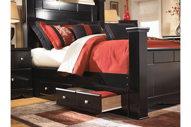 Shay Queen Poster Bed With 2 Storage, Black Queen Poster Bed