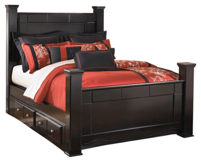 Shay Queen Poster Bed with 2 Storage Drawers, Almost Black, large