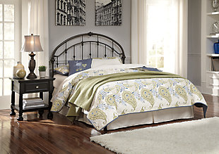 Give your bedroom retreat a fresh take on vintage-inspired style. It's easy to appreciate every detail of the Nashburg queen metal headboard, from its double arched design to its decorative castings. Its cottage-chic sensibility has us drifting away to a simpler time and place.Headboard only (metal bed frame sold separately) | Made of metal | Powder coated finish | Assembly required | Hardware not included | Four ¼" bolts are needed to attach headboard to existing bed frame | Excluded from promotional discounts and coupons