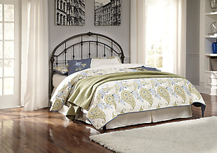 Give your bedroom retreat a fresh take on vintage-inspired style. It's easy to appreciate every detail of the Nashburg queen metal headboard, from its double arched design to its decorative castings. Its cottage-chic sensibility has us drifting away to a simpler time and place.Headboard only (metal bed frame sold separately) | Made of metal | Powder coated finish | Assembly required | Hardware not included | Four ¼" bolts are needed to attach headboard to existing bed frame | Excluded from promotional discounts and coupons