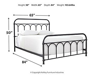 Looking to bring back a sense of bygone charm? Dream it, live it with the Nashburg queen metal bed. Matte black frame with moulded "fittings" brilliantly mimics wrought-iron beds from yesteryear for a look that’s perfect for your modern farmhouse or cottage-quaint escape. Made of steel | Includes headboard, footboard and rails | Powder coated finish | Moulded metal accents | Foundation/box spring required, sold separately | Mattress available, sold separately | Assembly required | Estimated Assembly Time: 30 Minutes